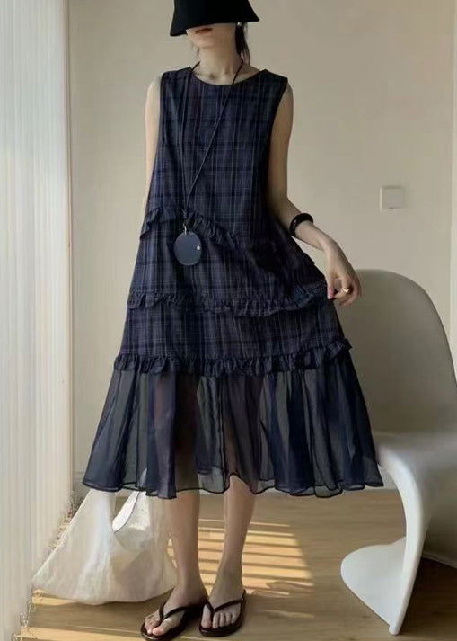 Streetwear Navy Ruffled Tulle Patchwork Cotton Long Dress Sleeveless