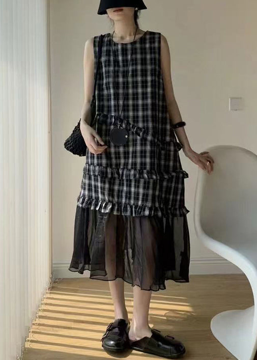 Streetwear Navy Ruffled Tulle Patchwork Cotton Long Dress Sleeveless