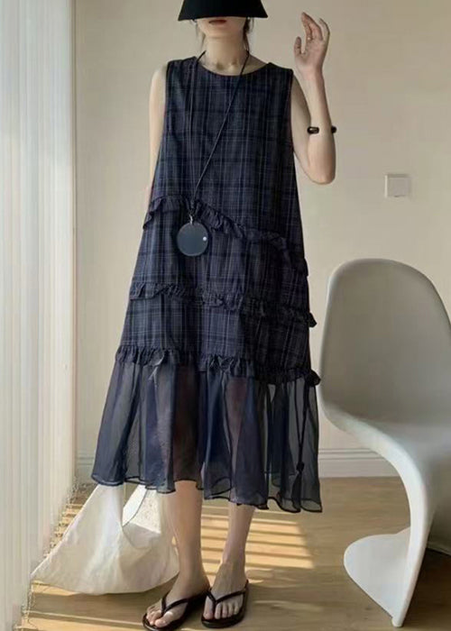 Streetwear Navy Ruffled Tulle Patchwork Cotton Long Dress Sleeveless