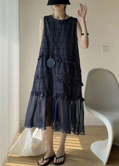 Streetwear Navy Ruffled Tulle Patchwork Cotton Long Dress Sleeveless
