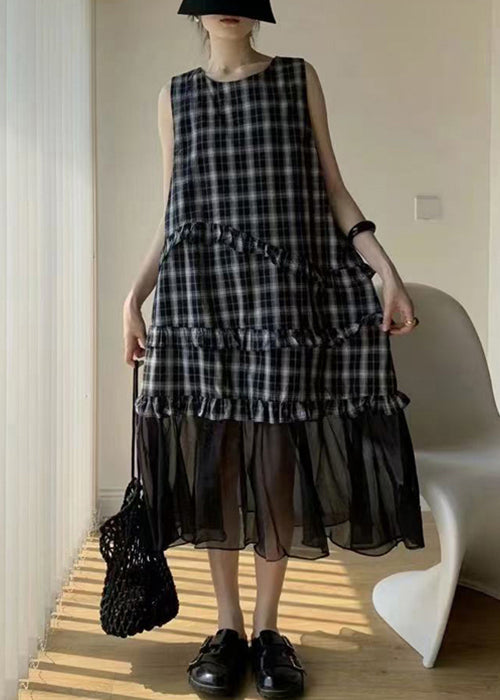 Streetwear Navy Ruffled Tulle Patchwork Cotton Long Dress Sleeveless