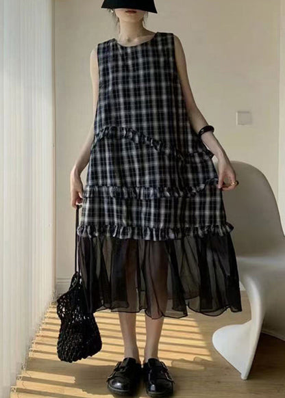 Streetwear Navy Ruffled Tulle Patchwork Cotton Long Dress Sleeveless