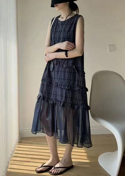 Streetwear Navy Ruffled Tulle Patchwork Cotton Long Dress Sleeveless