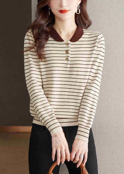 Striped Beige Button Cozy Patchwork Knit Sweater Tops