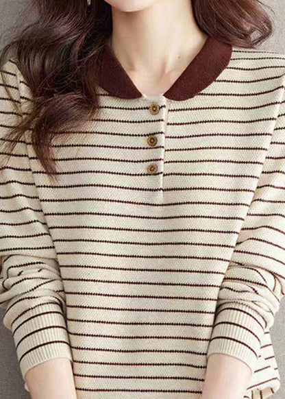 Striped Beige Button Cozy Patchwork Knit Sweater Tops