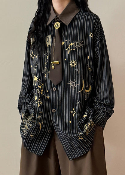Striped Black Peter Pan Collar Print Button Cotton Blouse Spring