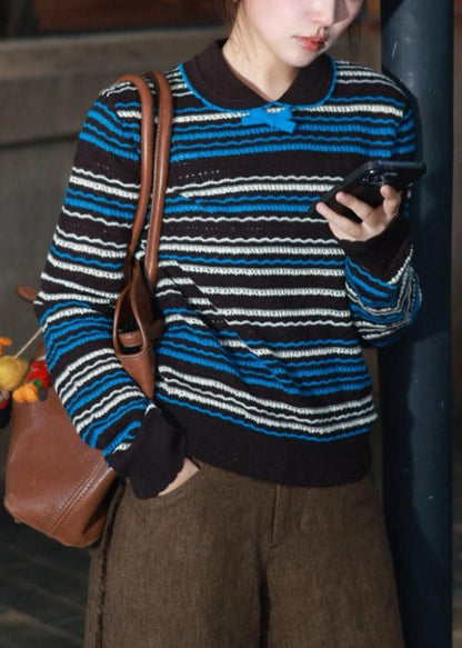 Striped Blue Bow Cozy Knit Sweaters Fall