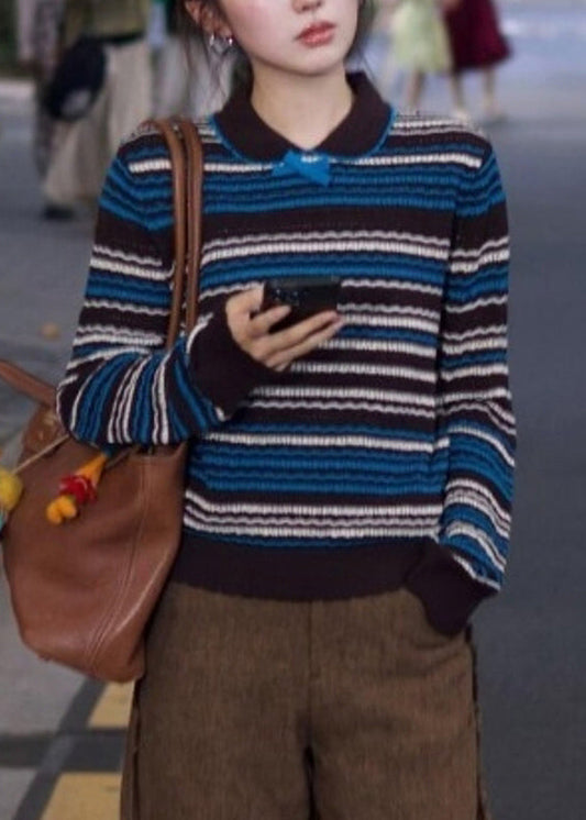 Striped Blue Bow Cozy Knit Sweaters Fall