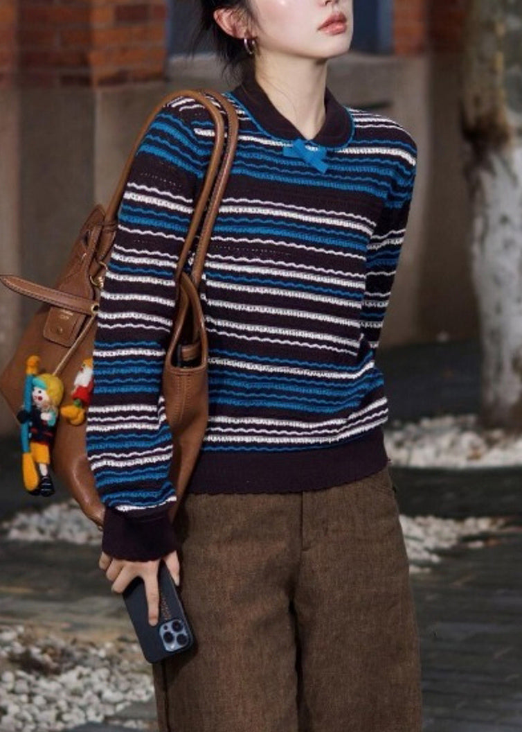 Striped Blue Bow Cozy Knit Sweaters Fall