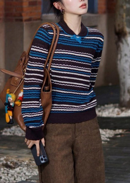 Striped Blue Bow Cozy Knit Sweaters Fall