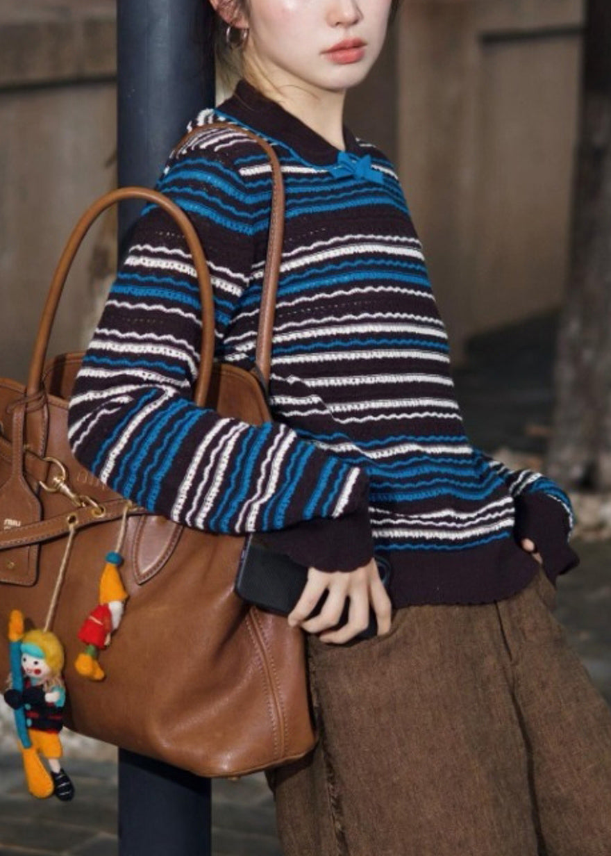 Striped Blue Bow Cozy Knit Sweaters Fall