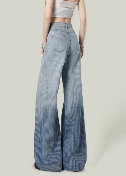 Striped Blue Gradient Color Zircon Denim Wide Leg Pants Spring