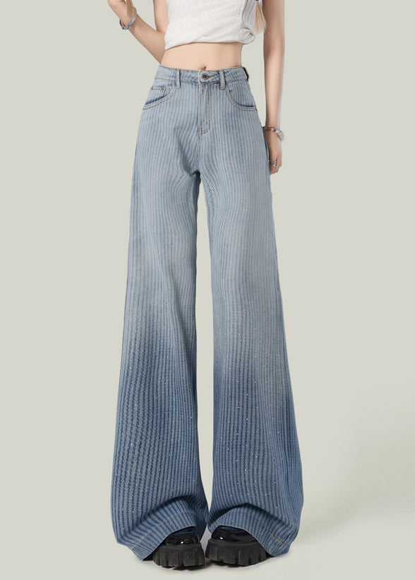 Striped Blue Gradient Color Zircon Denim Wide Leg Pants Spring
