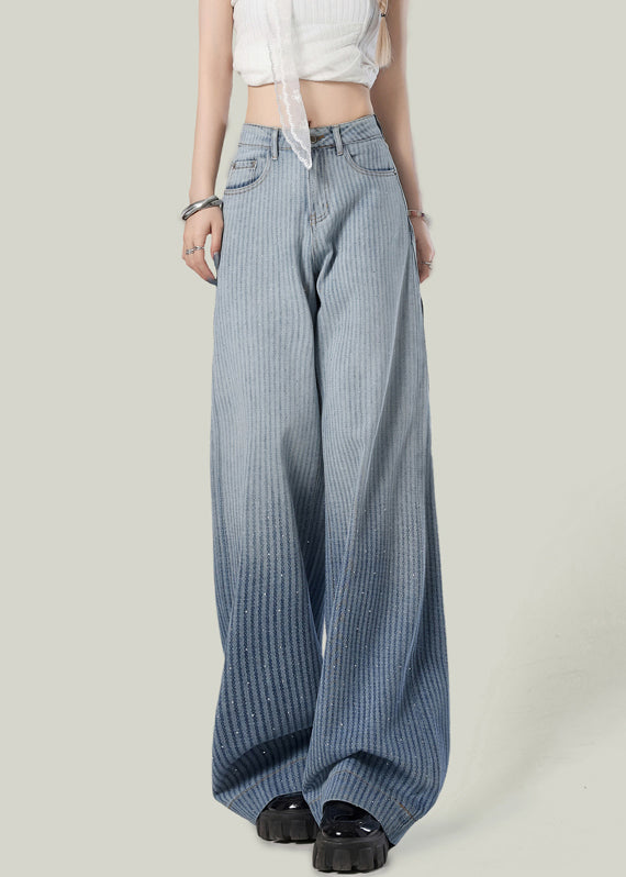 Striped Blue Gradient Color Zircon Denim Wide Leg Pants Spring