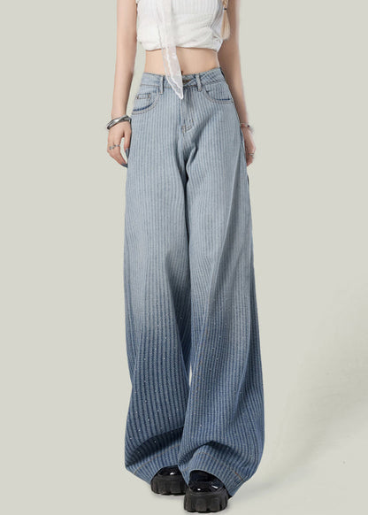 Striped Blue Gradient Color Zircon Denim Wide Leg Pants Spring