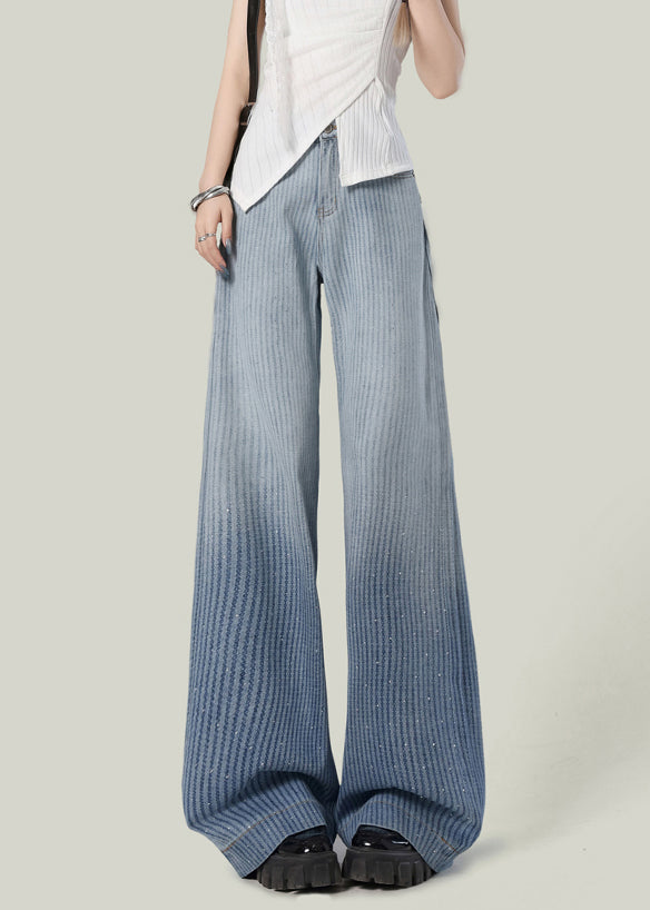 Striped Blue Gradient Color Zircon Denim Wide Leg Pants Spring