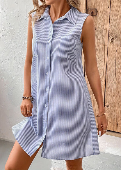 Striped Blue Peter Pan Collar Button Cotton Shirts Dress Sleeveless