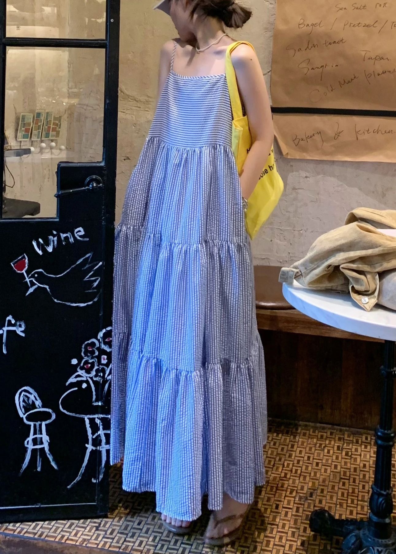 Striped Blue Wrinkled Pockets Cotton Spaghetti Strap Dress Sleeveless