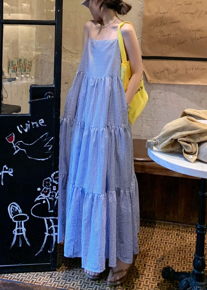 Striped Blue Wrinkled Pockets Cotton Spaghetti Strap Dress Sleeveless