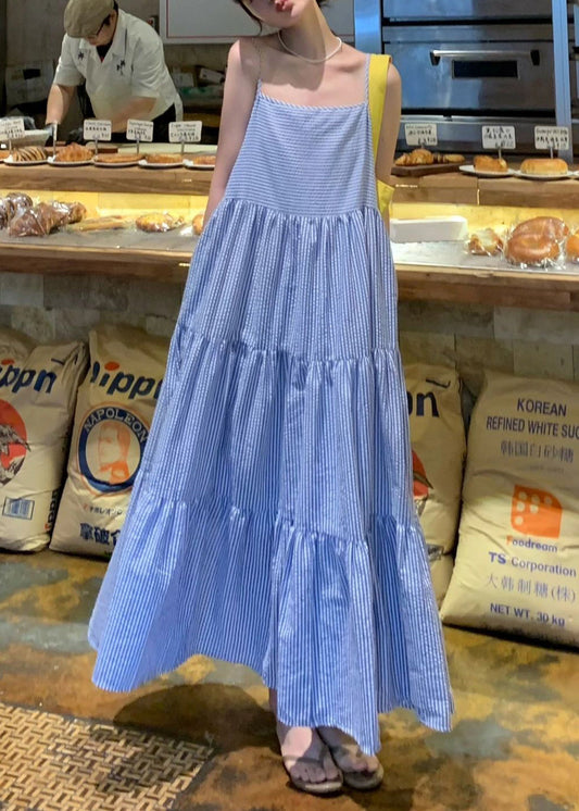 Striped Blue Wrinkled Pockets Cotton Spaghetti Strap Dress Sleeveless
