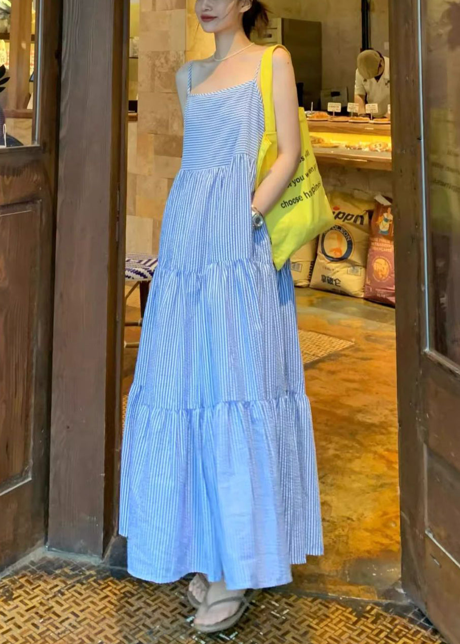 Striped Blue Wrinkled Pockets Cotton Spaghetti Strap Dress Sleeveless