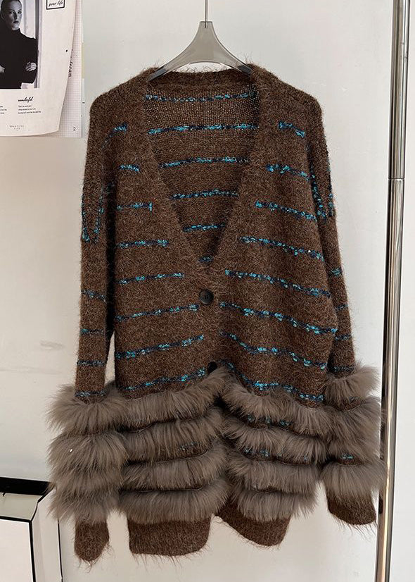 Striped Coffee V Neck Fluffy Patchwork Knit Cardigans Winter