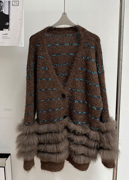 Striped Coffee V Neck Fluffy Patchwork Knit Cardigans Winter