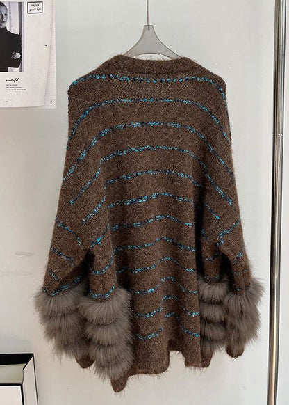 Striped Coffee V Neck Fluffy Patchwork Knit Cardigans Winter