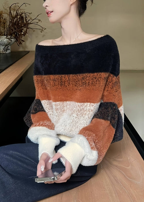 Striped Cozy Patchwork Knit Sweater Slash Neck