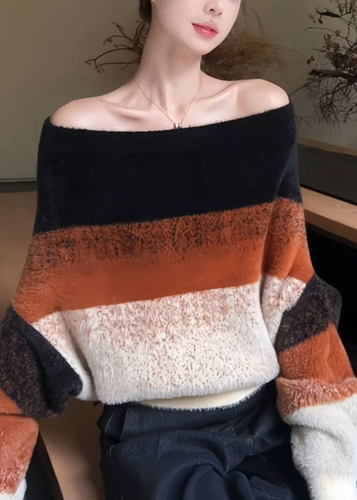 Striped Cozy Patchwork Knit Sweater Slash Neck