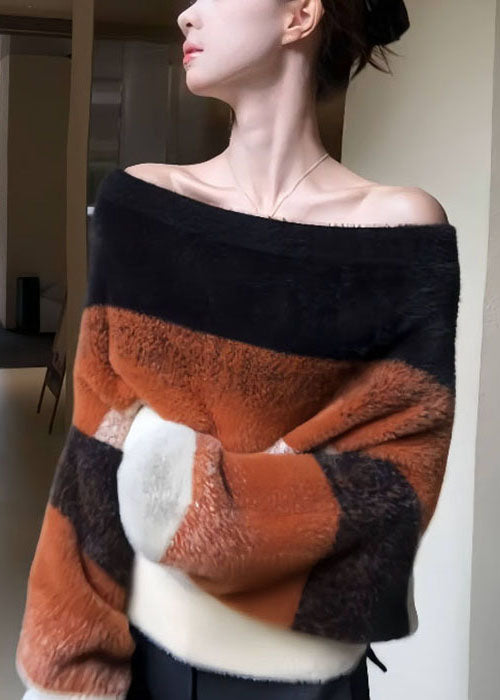 Striped Cozy Patchwork Knit Sweater Slash Neck