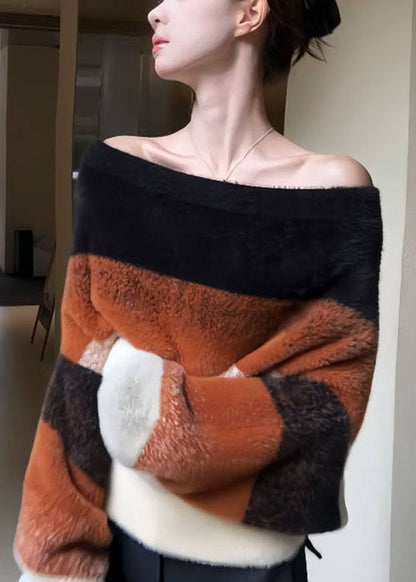 Striped Cozy Patchwork Knit Sweater Slash Neck