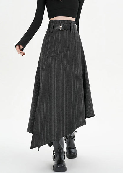Striped Dark Gray Asymmetrical Side Open Spandex Skirt Fall