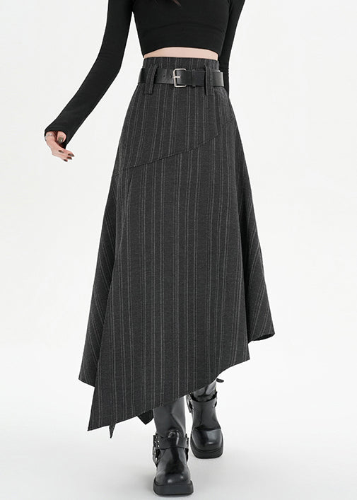 Striped Dark Gray Asymmetrical Side Open Spandex Skirt Fall