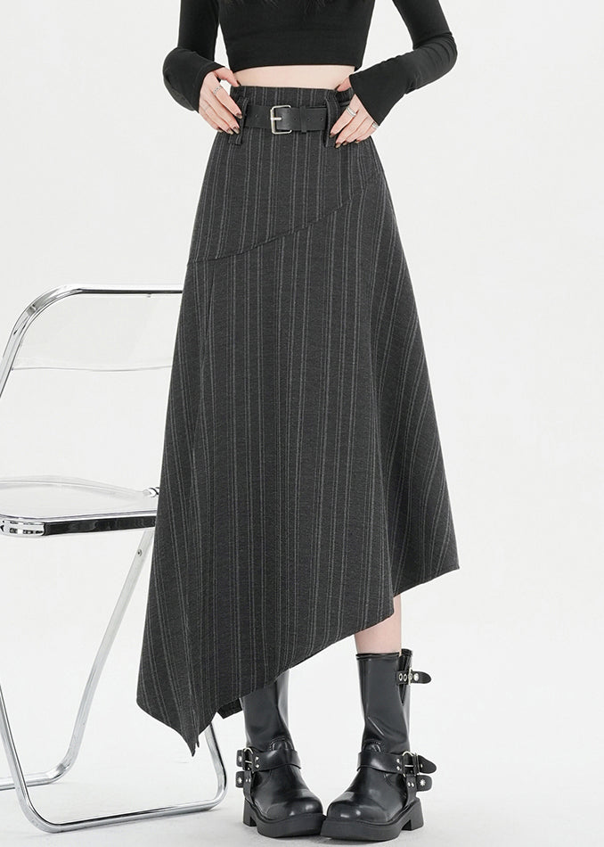 Striped Dark Gray Asymmetrical Side Open Spandex Skirt Fall