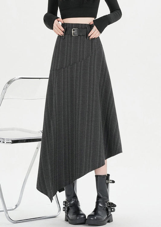 Striped Dark Gray Asymmetrical Side Open Spandex Skirt Fall