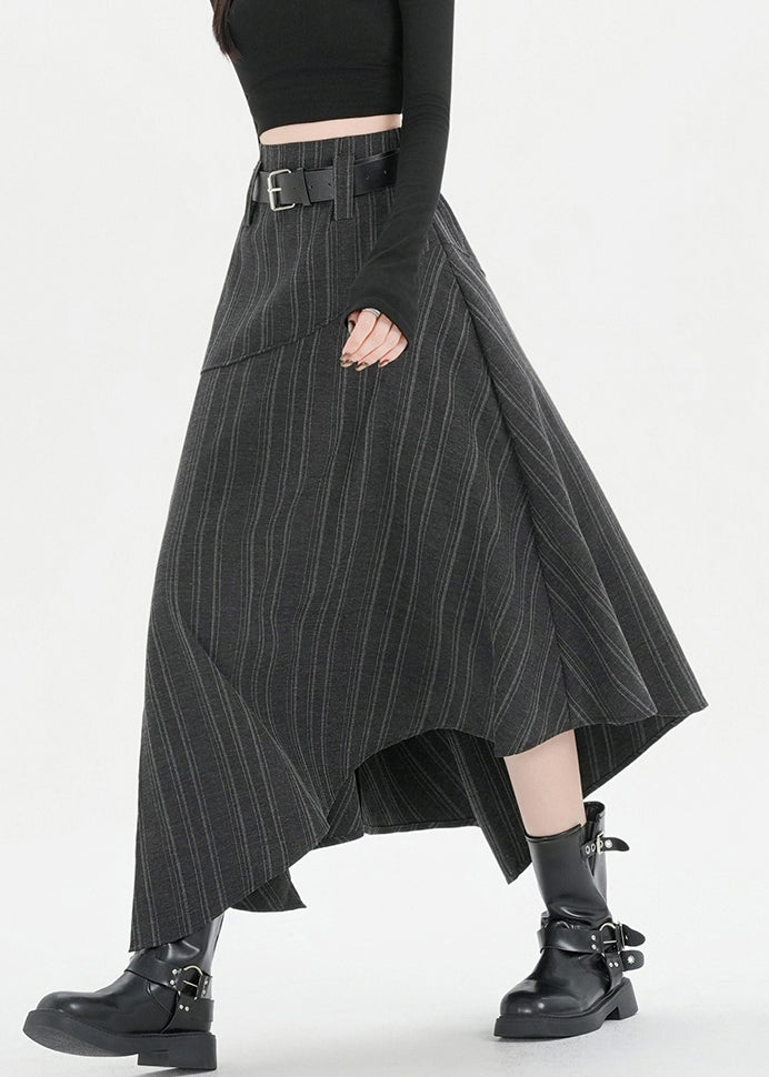 Striped Dark Gray Asymmetrical Side Open Spandex Skirt Fall