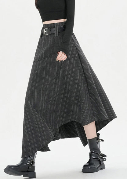 Striped Dark Gray Asymmetrical Side Open Spandex Skirt Fall
