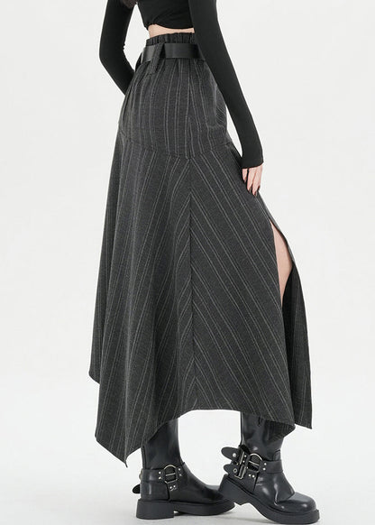 Striped Dark Gray Asymmetrical Side Open Spandex Skirt Fall