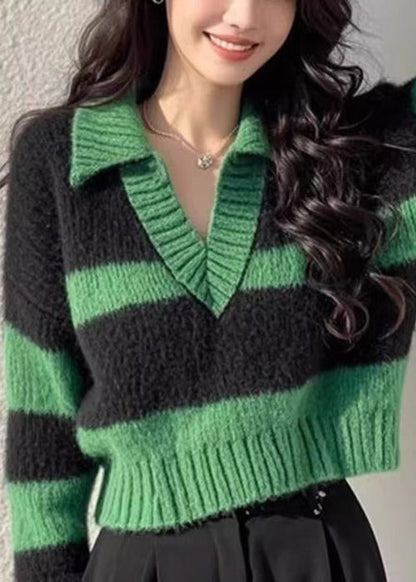 Striped Green Peter Pan Collar Cozy Knit Short Sweater Spring
