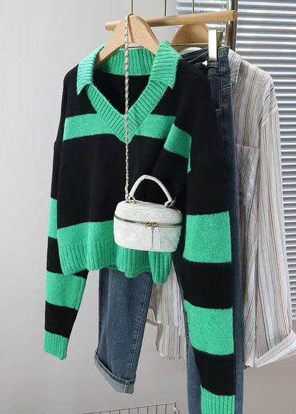 Striped Green Peter Pan Collar Cozy Knit Short Sweater Spring