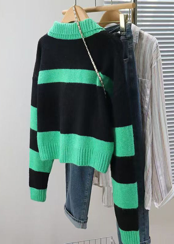 Striped Green Peter Pan Collar Cozy Knit Short Sweater Spring