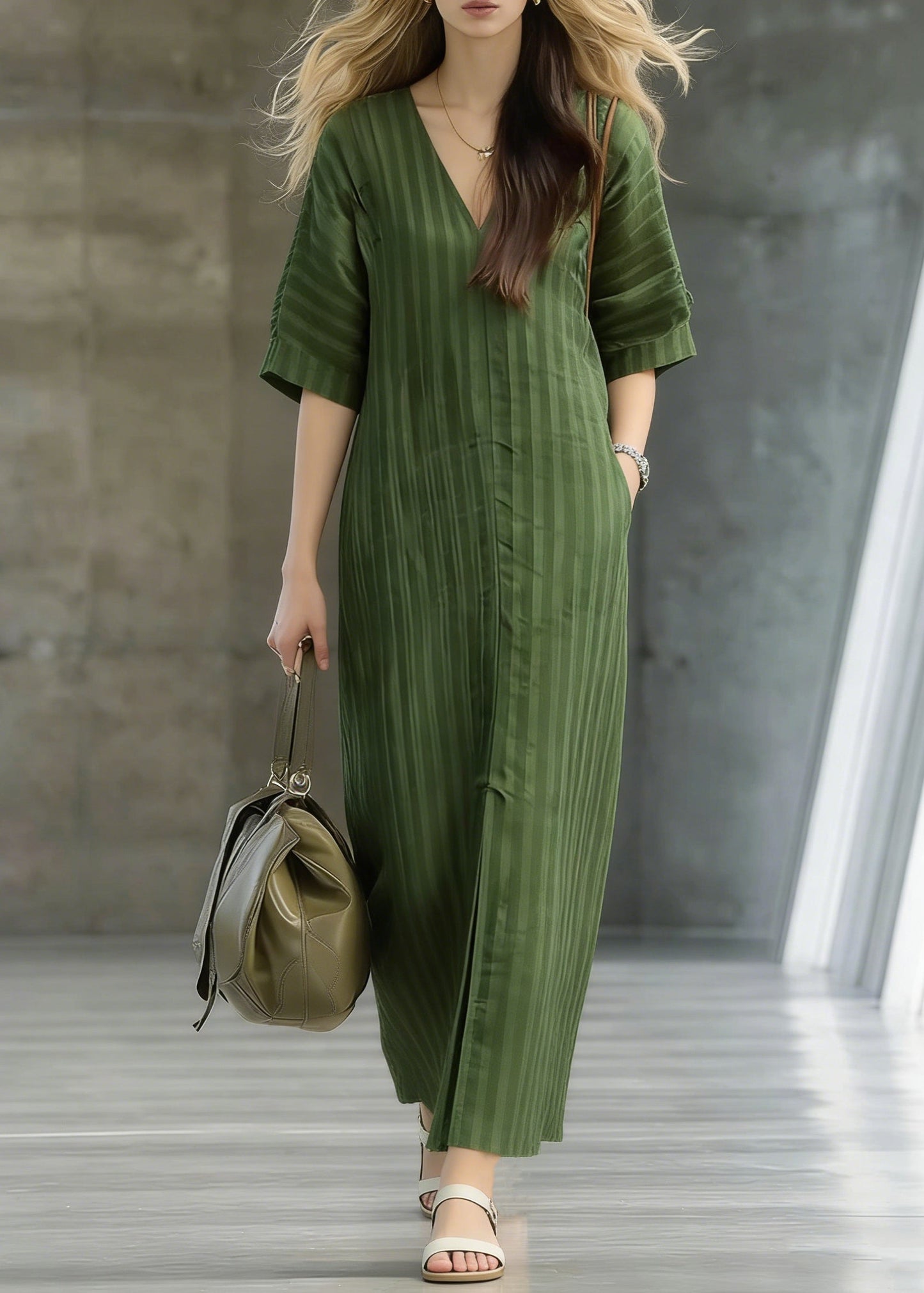 Striped Green Pockets Front Open Linen Long Dress Summer