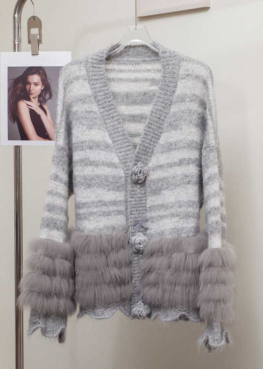 Striped Grey Floral Fox Fur Patchwork Knit Cardigans Winter