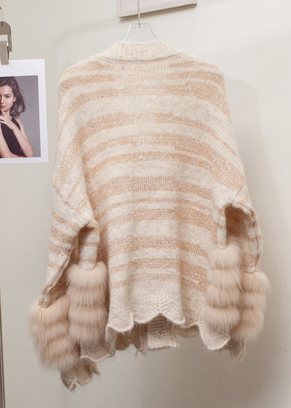 Striped Grey Floral Fox Fur Patchwork Knit Cardigans Winter