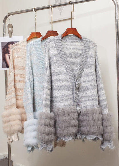Striped Grey Floral Fox Fur Patchwork Knit Cardigans Winter