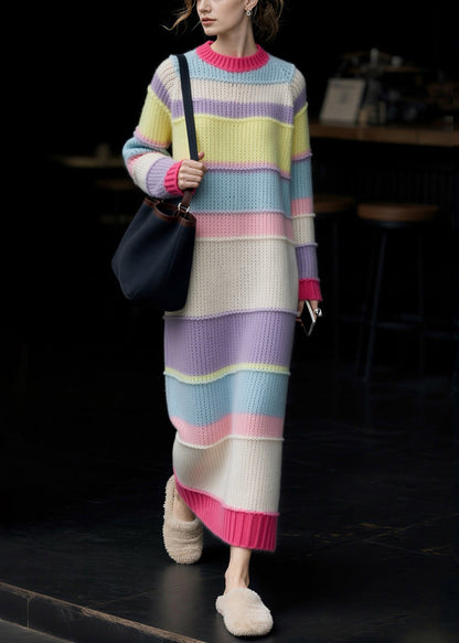 Striped Hollow Out Cozy Patchwork Knit Sweater Dress Spring