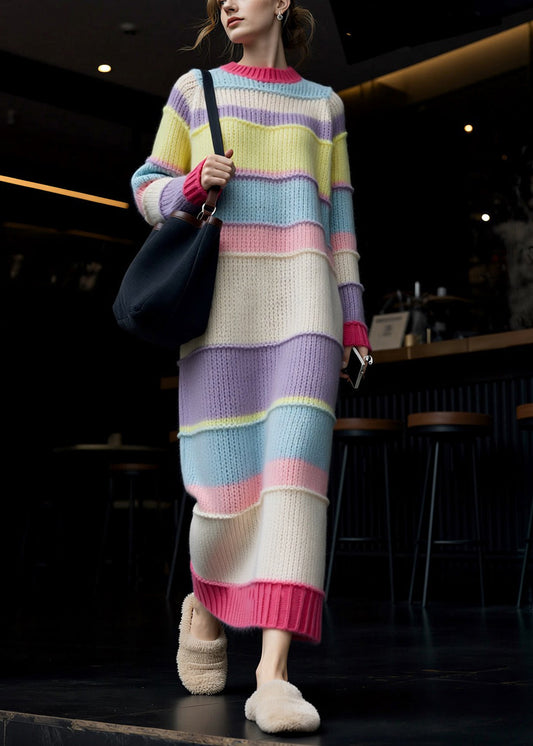Striped Hollow Out Cozy Patchwork Knit Sweater Dress Spring