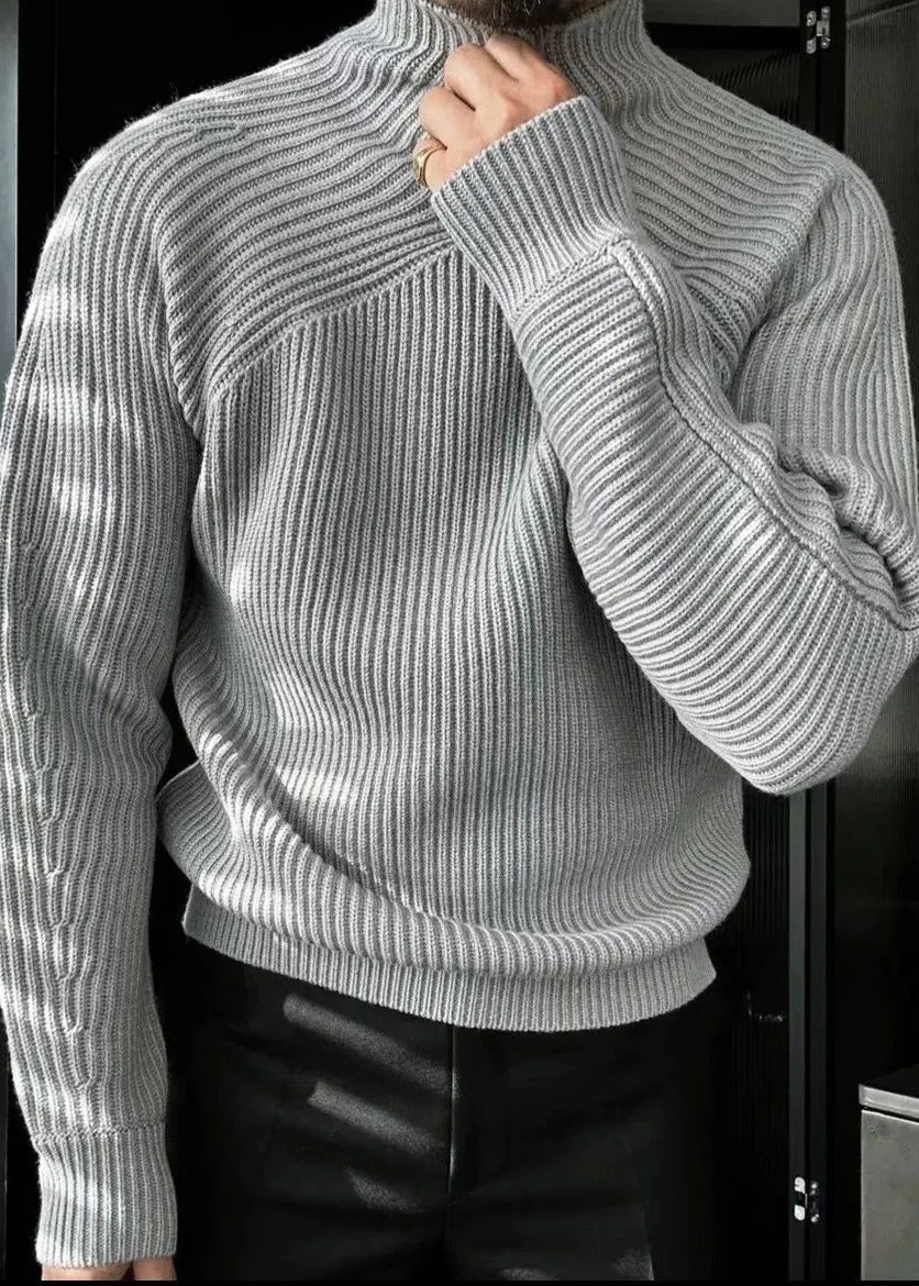 Striped Light Grey Turtleneck Solid Knit Men Sweaters Winter