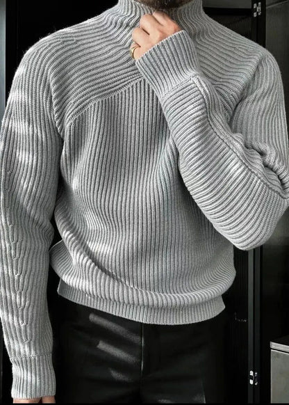 Striped Light Grey Turtleneck Solid Knit Men Sweaters Winter